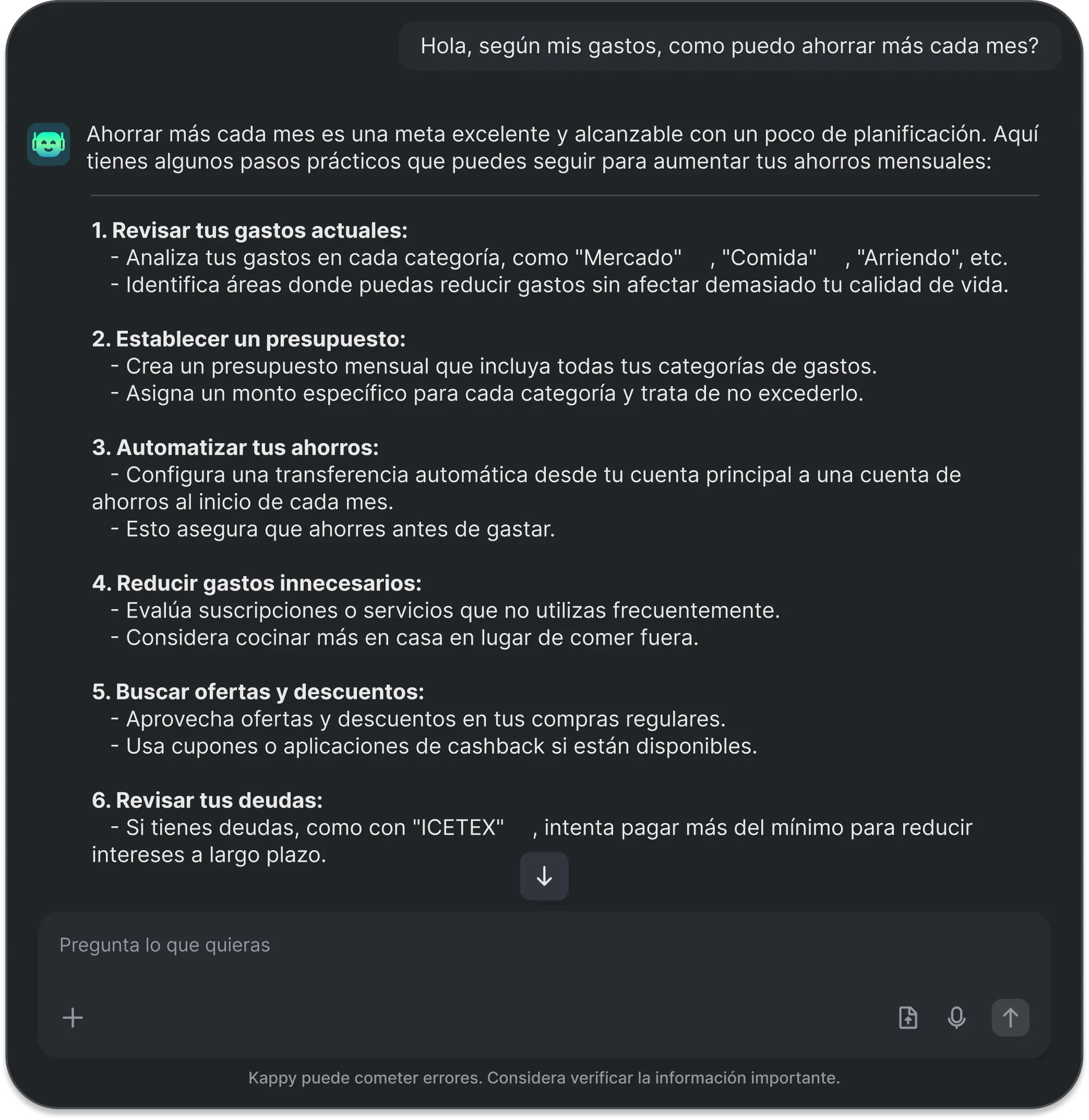 Conversación con Kappy sobre los gastos del mes